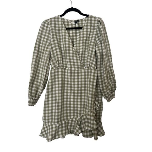 VERO MODA Green & White Gingham Checkered Long-Sleeve Faux Wrap Dress Size M - Picture 1 of 6